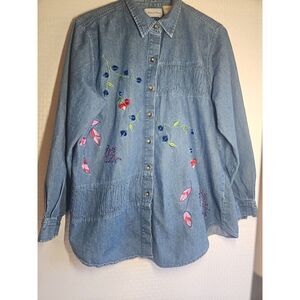 Madison Avenue, Womens‎ Large, Denim, Floral, Embroidered, Shacket, Gathered,